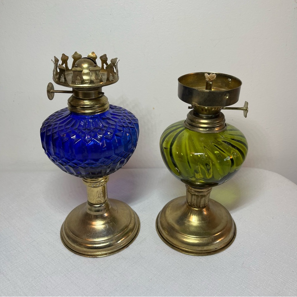 Vintage Glass Lantern Bases in Cobalt Blue and Green. Made in Hong Kong